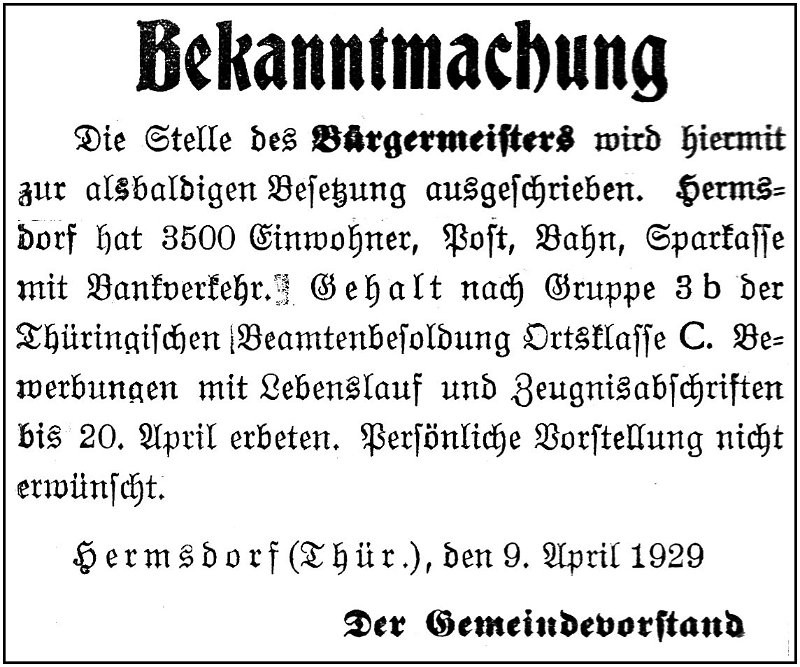 1929-04-10 Hdf Buergermeisterstelle Ausschreibung